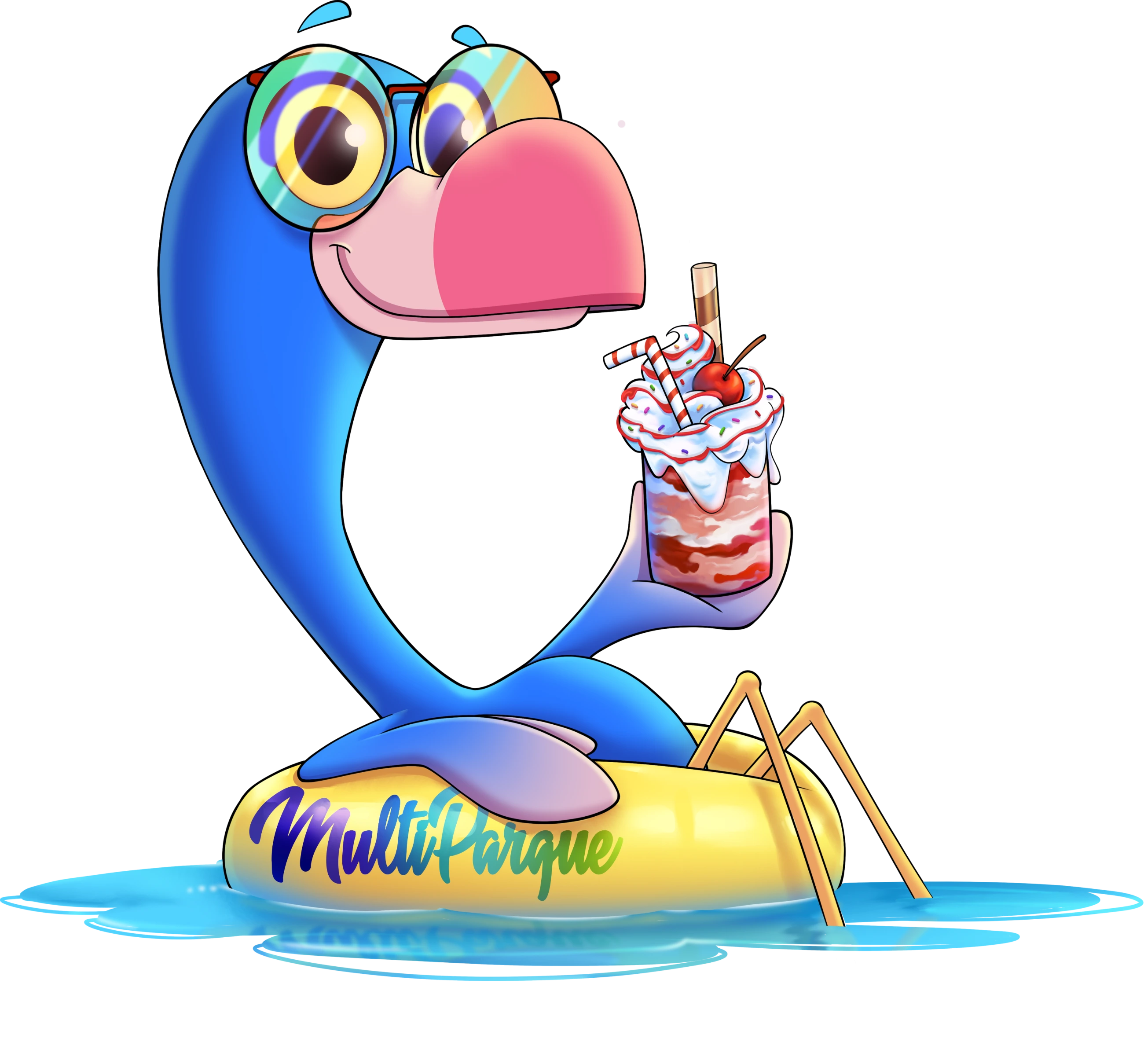 Mascote do parque em uma boia tomando milkshake. Desenho.