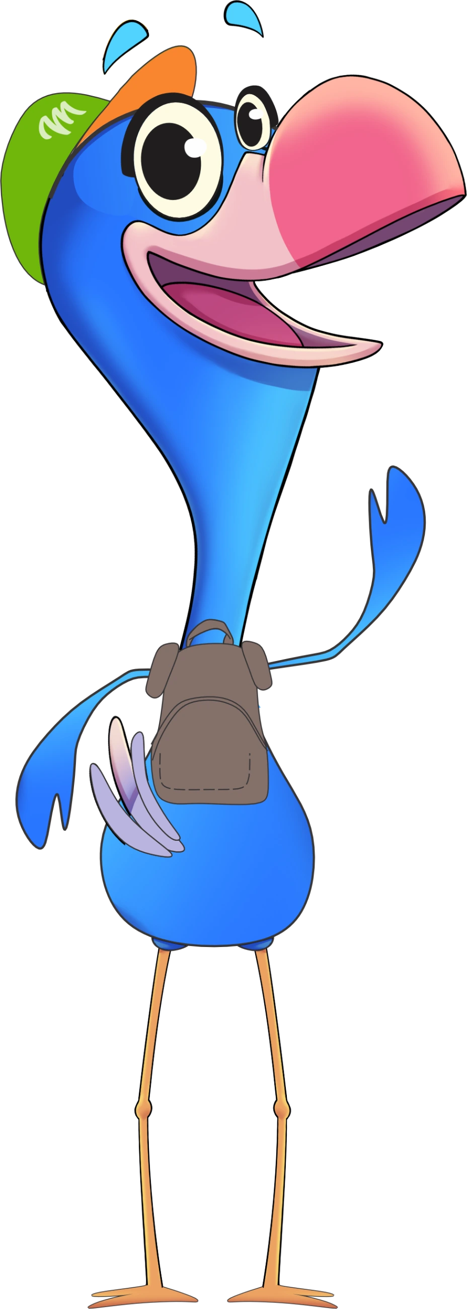 Mingo de mochila dando tchau.